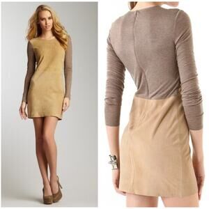 REBECCA TAYLOR Knit Goat Skin Suede Combo Long Sleeve Mini Dress | 6